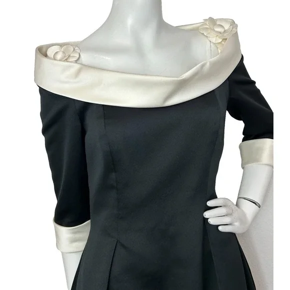 80s Victor Costa Nahdree Evening Dress Size 8 Black White Flower Off Shoulder - Picture 3 of 15